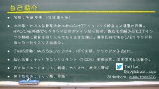自己紹介



l  名前：多田	 	 歩美	 	 （ただ	 	 あ�ゆみ）



l  お仕事：とあ�る自動車会社の社内向けIITTインフラを担当する部署に所属。
HHPPCC//CCAAEE領域でのクラウド活用がメインだったが、最近は念願の全社IITTイン
フラ戦略に意見を取り入れてもらえる立場に。業界団体でもはCCAAEEクラウド利
用に向けたタスクを推進中。



l  JJAAWWSS活動：AAWWSS	 	 SSaammuurraaii	 	 22001144、HHPPCC支部、クラウド女子会eettcc…



l  個人活動：キャリアコンサルタント（JJCCDDAA）資格保有。ほそぼそと活動中。



l  好きなもの：くまモン、料理、カラオケ、社会人野球



l  苦手なもの：ナッツ類、英語



ì  TTwwiitttteerr::	 	 
@@aapppplleebbeeaarr__aayyuu



SSlliiddeesshhaarree	 	 ::	 	 aayyuummiittaaddaa112266	 	 	
 