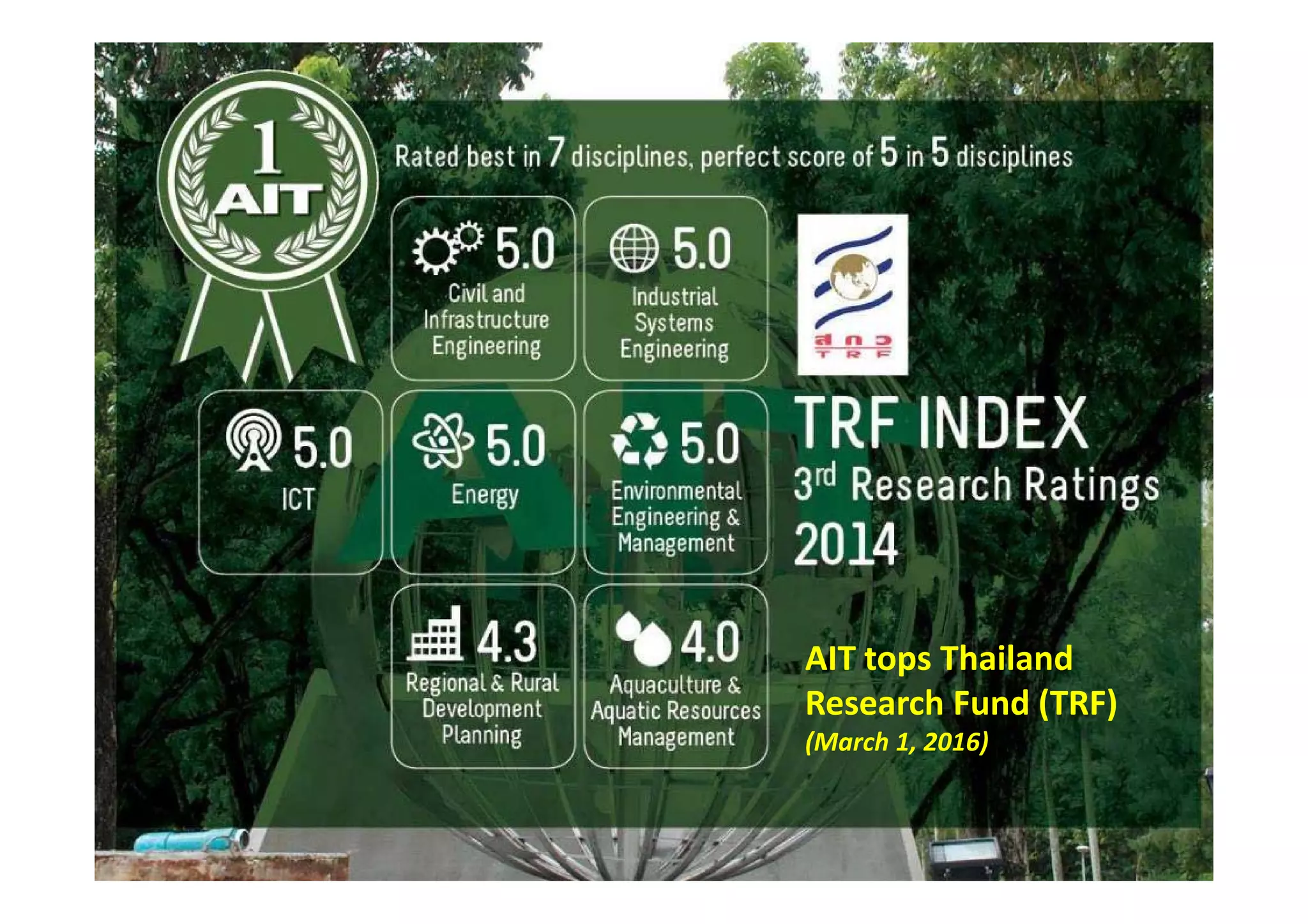 AIT tops Thailand 
Research Fund (TRF)            
(March 1, 2016)
 