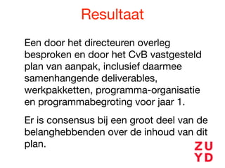 Resultaat
Een door het directeuren overleg
besproken en door het CvB vastgesteld
plan van aanpak, inclusief daarmee
samenhangende deliverables,
werkpakketten, programma-organisatie
en programmabegroting voor jaar 1. 

Er is consensus bij een groot deel van de
belanghebbenden over de inhoud van dit
plan.

 
