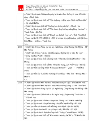 Công ty Cổ phần Phát triển Kiến trúc Đô thị Hà Nội - Haad
A1: 259–9-18-Phố Vọng, Hà Nội
A2: Tầng 7, 227 Nguyễn Ngọc Nại, Quận Thanh Xuân, Hà nội, T&F: 84 462 850 589
- Chủ trì lập dự toán Cải tạo nâng cấp bệnh viện điều dưỡng và phục hồi chức
năng – Ninh Bình
- Tham gia lập dự toán thiết kế "Nhà ở chung cư Học viện Cảnh sát Nhân dân"
– Cổ Nhuế Hà Nội
- Chủ trì lập dự toán thiết kế "Trường bồi dưỡng cán bộ" – Thanh Hóa
- Tham gia lập dự toán thiết kế "Nhà ở cao tầng kết hợp văn phòng cho thuê" –
Thanh Xuân – Hà Nội
- Tham gia lập dự toán thiết kế "Khách sạn du lịch Hoa Lư" – Tỉnh Ninh Bình
- Tham gia lập QHCT 1/2000 và 1/500 tổ hợp du lịch nghỉ dưỡng sinh thái biển
Bốn Mùa – Hải Hòa – Thanh Hóa
v.v...
2006 - Chủ trì lập dự toán Nâng cấp cải tạo Ngân hàng Công thương Hải Phòng – TP
Hải Phòng
- Chủ trì lập dự toán "Cải tạo nâng tầng giảng đường lớn tư liệu, thư viện" –
Trường Đại học PCCC – Hà Nội
- Tham gia lập dự toán thiết kế công trình "Nhà máy xi măng Chinfon" – Hải
Phòng
- Tham gia lập dự toán thiết kế khu ở Ngã Tư Vọng, 229 Phố Vọng – Hà Nội
- Tham gia thẩm tra tổng dự án "Chung cư Horizon" – Quận 1 – TP Hồ Chí
Minh
- Tham gia thẩm tra "Khu nhà ở chung cư cao tầng" – Đại Kim – Hoàng Mai –
Hà Nội
v.v...
2007 - Chủ trì lập dự toán Kho bạc Nhà nước Huyện Ngọc Lặc – Tỉnh Thanh Hóa
- Chủ trì lập dự toán Kho bạc Nhà nước Huyện Nông Cống – Tỉnh Thanh Hóa
- Chủ trì lập dự toán Nâng cấp cải tạo Ngân hàng Công thương Hải Phòng – TP
Hải Phòng
- Chủ trì lập dự toán Chi nhánh số 3 – Ngân hàng công thương Thanh Hóa –
TP Thanh Hóa
- Tham gia lập dự toán thẩm tra công trình: Chung cư Văn Khê – Hà Tây
- Tham gia lập dự toán công trình công cộng hỗn hợp Hồ Tây – Hà Nội
- Tham gia thẩm tra dự toán thiết kế công trình Bệnh viện nhi Hà Nội
- Tham gia lập dự án tòa nhà văn phòng 41A Lý Thái Tổ - Hà Nội
- Tham gia lập dự án và dự toán công trình: Tổ hợp Crown Plaza – Hà Nội
- Tham gia lập dự toán thiết kế "Khu nhà ở cao tầng OCT1" – Cổ Nhuế - Hà
Nội
 