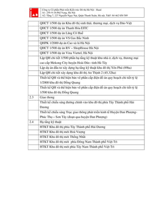 Công ty Cổ phần Phát triển Kiến trúc Đô thị Hà Nội - Haad
A1: 259–9-18-Phố Vọng, Hà Nội
A2: Tầng 7, 227 Nguyễn Ngọc Nại, Quận Thanh Xuân, Hà nội, T&F: 84 462 850 589
QHCT 1/500 dự án Khu đô thị sinh thái, thương mại, dịch vụ Đảo Việt
QHCT 1/500 dự án Thanh Hóa EITC
QHCT 1/500 dự án Lăng Cô Huế
QHCT 1/500 dự án VS Gas Bắc Ninh
QHPK 1/2000 dự án Cao xà lá Hà Nội
QHCT 1/500 dự án RV – ShopHouse Hà Nội
QHCT 1/500 dự án Vina Viettel, Hà Nội
Lập QH chi tiết 1/500 phần hạ tầng kỹ thuật khu nhà ở, dịch vụ, thương mại
cao cấp Mekong City huyện Hoài Đức- tỉnh Hà Tây
Lập dự án đầu tư xây dựng hạ tầng kỹ thuật khu đô thị Yên Phú (89ha)
Lập QH chi tiết xây dựng khu đô thị An Thịnh 2 (45,32ha)
Thiết kế QH và thể hiện bản vẽ phần cấp điện đồ án quy hoạch chi tiết tỷ lệ
1/2000 khu đô thị Đồng Quang
Thiết kế QH và thể hiện bản vẽ phần cấp điện đồ án quy hoạch chi tiết tỷ lệ
1/500 khu đô thị Đồng Quang
2.3 Giao thong
Thiết kế chiếu sáng đường chính vào khu đô thị phía Tây Thành phố Hải
Dương
Thiết kế chiếu sáng Trục giao thông phát triển kinh tế Huyện Đan Phượng-
Phúc Thọ – Sơn Tây (đoạn qua huyện Đan Phượng)
2.4 Hạ tầng kỹ thuật
HTKT Khu đô thị phía Tây Thành phố Hải Dương
HTKT Khu đô thị mới Hoà Vượng
HTKT Khu đô thị mới Thống Nhất
HTKT Khu đô thị mới phía Đông Nam Thành phố Việt Trì
HTKT Khu đô thị mới phía Tây Nam Thành phố Việt Trì
 