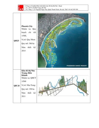 Công ty Cổ phần Phát triển Kiến trúc Đô thị Hà Nội - Haad
A1: 259–9-18-Phố Vọng, Hà Nội
A2: Tầng 7, 227 Nguyễn Ngọc Nại, Quận Thanh Xuân, Hà nội, T&F: 84 462 850 589
QH23
Phoenix City
Nhiệm vụ: Quy
hoạch chi tiết
1/500,
Vị trí: Quy Nhơn
Quy mô: 360 ha
Năm thiết kế:
2014
QH 24
Khu đô thị Nha
Trang, Diên
Khánh
Nhiệm vụ: QHCT
1/500
Vị trí: Nha Trang
Quy mô: 198 ha
Năm thiết kế:
2011
 