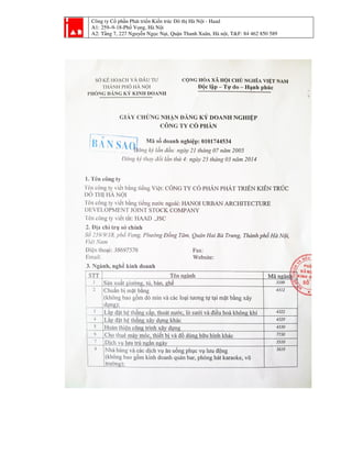 Công ty Cổ phần Phát triển Kiến trúc Đô thị Hà Nội - Haad
A1: 259–9-18-Phố Vọng, Hà Nội
A2: Tầng 7, 227 Nguyễn Ngọc Nại, Quận Thanh Xuân, Hà nội, T&F: 84 462 850 589
 