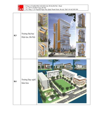 Công ty Cổ phần Phát triển Kiến trúc Đô thị Hà Nội - Haad
A1: 259–9-18-Phố Vọng, Hà Nội
A2: Tầng 7, 227 Nguyễn Ngọc Nại, Quận Thanh Xuân, Hà nội, T&F: 84 462 850 589
K3
Trường Đại học
Điện lực, Hà Nội
K4
Trường Dạy nghề
Sầm Sơn
 