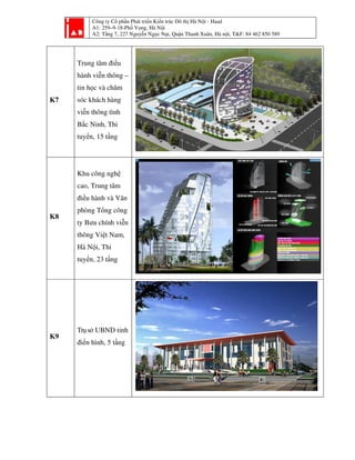 Công ty Cổ phần Phát triển Kiến trúc Đô thị Hà Nội - Haad
A1: 259–9-18-Phố Vọng, Hà Nội
A2: Tầng 7, 227 Nguyễn Ngọc Nại, Quận Thanh Xuân, Hà nội, T&F: 84 462 850 589
K7
Trung tâm điều
hành viễn thông –
tin học và chăm
sóc khách hàng
viễn thông tình
Bắc Ninh, Thi
tuyển, 15 tầng
K8
Khu công nghệ
cao, Trung tâm
điều hành và Văn
phòng Tổng công
ty Bưu chính viễn
thông Việt Nam,
Hà Nội, Thi
tuyển, 23 tầng
K9
Trụsở UBND tỉnh
điển hình, 5 tầng
 