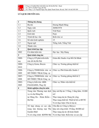 Công ty Cổ phần Phát triển Kiến trúc Đô thị Hà Nội - Haad
A1: 259–9-18-Phố Vọng, Hà Nội
A2: Tầng 7, 227 Nguyễn Ngọc Nại, Quận Thanh Xuân, Hà nội, T&F: 84 462 850 589
LÝ LỊCH CHUYÊN GIA
1 Thông tin chung
1.1 Họ tên Dương Mạnh Hùng
1.2 Ngày sinh 20/06/1978
1.3 Quốc tịch Việt Nam
1.4 Giới tính Nam
1.5 Trình độ học vấn Kiến trúc sư
1.6 Số năm kinh nghiệm 15
1.7 Ngoại ngữ Tiếng Anh, Tiếng Việt
1.8 Thành viên
2 Quá trình học tập
2002 Cử nhân kiến trúc Đại học Xây Dựng
3 Quá trình công tác
2009-
nay
Công ty CP phát triển kiến
trúc đô thị Hà Nội
Giám đốc Studio 4 tại Hồ Chí Minh
2009-
2010
Công ty Gema, Braxin Chức vụ: Trưởng phòng thiết kế
2008-
2009
Công ty TNHH Kiến trúc sư
HỒ THIỆU TRỊ & Cộng sự
Chức vụ: Phó Giám đốc Studio 1
2007-
2008
Công ty TNHH Kiến trúc sư
HỒ THIỆU TRỊ & Cộng sự
Chức vụ: Trưởng phòng thiết kế 2
2002-
2005
Công ty kiến trúc ARB-
PALISADES, Thụy Sỹ
Chức vụ: Nhân viên thiết kế
4 Kinh nghiệm chuyên môn
Trung tâm Thương mại dịch
vụ và chợ Hàng Da
tại Hàng Da - Hoàn Kiếm –
Hà Nội
Quy mô Dự án: 5 Tầng, 2 tầng hầm, 10.000
m2
Thực trạng dự án: Đang thi công
Thực trạng thiết kế: Thiết kế hồ sơ BVTC
Vị trí thực hiện: Chủ trì dự án
Tổ hợp chung cư cao cấp,
trung tâm thương mại The
Garden Mall
Vị trí công trình: KĐTM Mỹ
Chủ đầu tư: Công ty Bitexco
Quy mô công trình: 19 tầng, 88.000 m2
Thực trạng dự án: đã hoàn thành
Vị trí thực hiện: Kiến trúc sư cao cấp
 