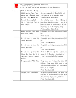 Công ty Cổ phần Phát triển Kiến trúc Đô thị Hà Nội - Haad
A1: 259–9-18-Phố Vọng, Hà Nội
A2: Tầng 7, 227 Nguyễn Ngọc Nại, Quận Thanh Xuân, Hà nội, T&F: 84 462 850 589
Đình II - Từ Liêm – Hà Nội
Khách sạn Nha Trang Plaza
Vị trí: 38- Trần Phú, thành
phố Nha Trang, Khánh Hòa
Quy mô công trình: 36 tầng, 66.000 m2
Thực trạng dự án: thi công xây dựng
Vị trí thực hiện: chủ trì dự án
Toà nhà văn phòng H, 114 -
Vị trí: 144b Đội Cấn, Ba
Đình, Hà Nội
Quy mô công trình: 14 tầng – 12 tầng sử
dụng làm văn phòng, tầng 13 và 14 sử
dụng làm chung cư, tổng diện tích 7000 m2
Thực trạng dự án: thi công xây dựng
Vị trí thực hiện: chủ trì dự án
Khách sạn 246A Hàng Bông,
Hoàn Kiếm, Hà Nội
Công trình cao 9 tầng, tổng diện tích 1080
m2
Vị trí: Chủ trì
Trụ sở tỉnh uỷ tỉnh Hậu
Giang, Hậu Giang
Công trình cao 4 tầng, tổng diện tích 3015
m2
Vị trí: Senior Architect
Trụ sở tỉnh uỷ tỉnh Hậu
Giang, Hậu Giang
Công trình cao 4 tầng, tổng diện tích 3015
m2
Vị trí: Senior Architect
Trụ sở tỉnh uỷ tỉnh Hậu
Giang, Hậu Giang Khu đô thị
ORANGE GREEN, Hà Đức,
Ha Noi
Dự án có 240 mẫu biệt thự, 3 toà nhà cao
ốc cao 20-30 tầng, khu vui chơi giải trí
Vị trí: Chủ trì thiết kế mẫu Nhà vườn
Trung tâm giải trí Vĩnh Phúc Công trình cao 5 tầng, tổng diện tích
5020m2. Chức năng chính phục vụ các
hoạt động kinh doanh vui chơi giải trí như:
Game, Bi -a, bóng bàn….
Vị trí: Chủ trì thiết kế
Sun Spa resort, Quảng Binh Dự án resort chia làm hai giai đoạn, giai
đoạn đầu đã hoàn thành hồ sơ năm 2004.
công trình nằy phục vụ cho giai đoạn 2
Vị trí: Chủ trì thiết kế
 