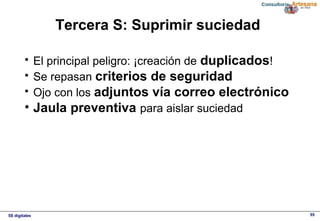 5S digitales 55
Tercera S: Suprimir suciedad
• El principal peligro: ¡creación de duplicados!
• Se repasan criterios de seguridad
• Ojo con los adjuntos vía correo electrónico
• Jaula preventiva para aislar suciedad
 