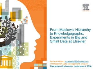 |
From Maslow’s Hierarchy
to Knowledgegraphs:
Experiments in Big and
Small Data at Elsevier
Anita de Waard, a.dewaard@elsevier.com
VP Research Data Management, Elsevier
Charleston Conference, November 4, 2016
 