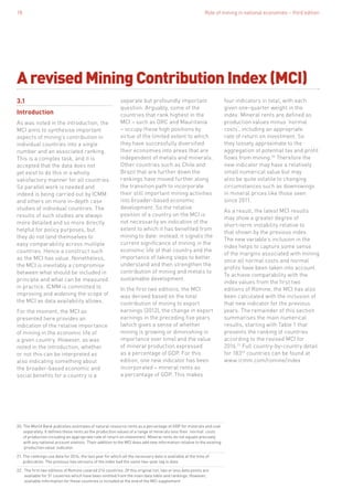 Role of mining in national economies – third edition18
ArevisedMiningContributionIndex(MCI)
3.1
Introduction
As was noted in the introduction, the
MCI aims to synthesise important
aspects of mining’s contribution in
individual countries into a single
number and an associated ranking.
This is a complex task, and it is
accepted that the data does not
yet exist to do this in a wholly
satisfactory manner for all countries.
So parallel work is needed and
indeed is being carried out by ICMM
and others on more in-depth case
studies of individual countries. The
results of such studies are always
more detailed and so more directly
helpful for policy purposes, but
they do not lend themselves to
easy comparability across multiple
countries. Hence a construct such
as the MCI has value. Nonetheless,
the MCI is inevitably a compromise
between what should be included in
principle and what can be measured
in practice. ICMM is committed to
improving and widening the scope of
the MCI as data availability allows.
For the moment, the MCI as
presented here provides an
indication of the relative importance
of mining in the economic life of
a given country. However, as was
noted in the introduction, whether
or not this can be interpreted as
also indicating something about
the broader-based economic and
social benefits for a country is a
separate but profoundly important
question. Arguably, some of the
countries that rank highest in the
MCI – such as DRC and Mauritania
– occupy these high positions by
virtue of the limited extent to which
they have successfully diversified
their economies into areas that are
independent of metals and minerals.
Other countries such as Chile and
Brazil that are further down the
rankings have moved further along
the transition path to incorporate
their still important mining activities
into broader-based economic
development. So the relative
position of a country on the MCI is
not necessarily an indication of the
extent to which it has benefited from
mining to date: instead, it signals the
current significance of mining in the
economic life of that country and the
importance of taking steps to better
understand and then strengthen the
contribution of mining and metals to
sustainable development.
In the first two editions, the MCI
was derived based on the total
contribution of mining to export
earnings (2012), the change in export
earnings in the preceding five years
(which gives a sense of whether
mining is growing or diminishing in
importance over time) and the value
of mineral production expressed
as a percentage of GDP. For this
edition, one new indicator has been
incorporated – mineral rents as
a percentage of GDP. This makes
four indicators in total, with each
given one-quarter weight in the
index. Mineral rents are defined as
production values minus ‘normal
costs’, including an appropriate
rate of return on investment. So
they loosely approximate to the
aggregation of potential tax and profit
flows from mining.20
Therefore the
new indicator may have a relatively
small numerical value but may
also be quite volatile to changing
circumstances such as downswings
in mineral prices like those seen
since 2011.
As a result, the latest MCI results
may show a greater degree of
short-term instability relative to
that shown by the previous index.
The new variable’s inclusion in the
index helps to capture some sense
of the margins associated with mining
once all normal costs and normal
profits have been taken into account.
To achieve comparability with the
index values from the first two
editions of Romine, the MCI has also
been calculated with the inclusion of
that new indicator for the previous
years. The remainder of this section
summarises the main numerical
results, starting with Table 1 that
presents the ranking of countries
according to the revised MCI for
2016.21
Full country-by-country detail
for 18322
countries can be found at
www.icmm.com/romine/index
20. The World Bank publishes estimates of natural resource rents as a percentage of GDP for minerals and coal
separately. It defines these rents as the production values of a range of minerals less their ‘normal’ costs
of production including an appropriate rate of return on investment. Mineral rents do not equate precisely
with any national account statistic. Their addition to the MCI does add new information relative to the existing
‘production value’ indicator.
21. The rankings use data for 2014, the last year for which all the necessary data is available at the time of
publication. The previous two versions of the index had the same two-year lag in data.
22. The first two editions of Romine covered 214 countries. Of this original list, two or less data points are
available for 31 countries which have been omitted from the main data table and rankings. However,
available information for these countries is included at the end of the MCI supplement.
 