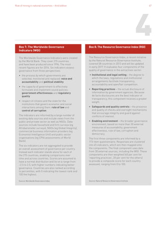 Role of mining in national economies – third edition 47
4
The Resource Governance Index, a recent initiative
by the Natural Resource Governance Institute,
covered 58 countries in 2013 and will be updated
in early 2017. It evaluates four components of the
quality of governance in the extractives sector:
•	Institutional and legal setting – the degree to
which the laws, regulations and institutional
arrangements facilitate transparency,
accountability and open/fair competition.
•	Reporting practices – the actual disclosure of
information by government agencies. Because
de facto disclosures are the best indicator of
transparency, this component receives a greater
weight.
•	Safeguards and quality controls – the presence
and quality of checks and oversight mechanisms
that encourage integrity and guard against
conflicts of interest.
•	Enabling environment – the broader governance
environment, based on more than 30 external
measures of accountability, government
effectiveness, rule of law, corruption and
democracy.
The first three components are informed by a
173-item questionnaire. Responses are clustered
into 45 indicators, which are then mapped onto
the components. The final component uses data
from 30 external sources, including the WGI. These
components are then weighted (40 per cent for
‘reporting practices’, 20 per cent for the others)
to provide a composite score for each country
assessed, ranging from 0 to 100.
Source: Natural Resource Governance Institute
Box 8: The Resource Governance Index (RGI)
The Worldwide Governance Indicators were created
by the World Bank. They cover 215 countries
and have been produced since 1996. The most
recent figures are for 2014. Six indicators assess
governance from three perspectives:
•	the process by which governments are
selected, monitored and replaced: voice and
accountability and political stability
•	the capacity of government to effectively
formulate and implement sound policies:
government effectiveness and regulatory
quality
•	respect of citizens and the state for the
institutions that govern economic and social
interactions among them: rule of law and
control of corruption.
The indicators are informed by a large number of
existing data sources and include views from the
public and private sector as well as NGOs. Data
sources include household and firm surveys (eg
Afrobarometer surveys), NGOs (eg Global Integrity),
commercial business information providers (eg
Economist Intelligence Unit) and public sector
organisations (eg CPIA assessments of World
Bank).
The six indicators are not aggregated to provide
an overall assessment of governance per country.
Instead each indicator stands alone for each of
the 215 countries, enabling comparisons over
time and across countries. Scores are assumed to
have a normal distribution and lie on a range from
–2.5 to 2.5, with higher numbers indicating better
governance. Countries are also ranked according
to percentiles, with 0 indicating the lowest rank and
100 the highest.
Source: Worldwide Governance Index
Box 7: The Worldwide Governance
Indicators (WGI)
 