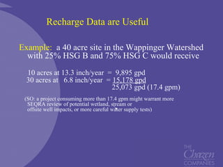 Recharge Data are Useful
Example: a 40 acre site in the Wappinger Watershed
with 25% HSG B and 75% HSG C would receive
10 acres at 13.3 inch/year = 9,895 gpd
30 acres at 6.8 inch/year = 15,178 gpd
25,073 gpd (17.4 gpm)
(SO: a project consuming more than 17.4 gpm might warrant more
SEQRA review of potential wetland, stream or
offsite well impacts, or more careful water supply tests)
 