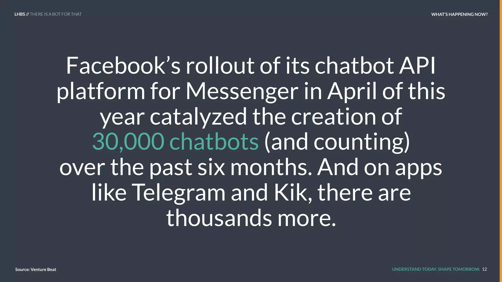 UNDERSTAND TODAY. SHAPE TOMORROW.
Facebook’s rollout of its chatbot API
platform for Messenger in April of this
year catalyzed the creation of
30,000 chatbots (and counting)
over the past six months. And on apps
like Telegram and Kik, there are
thousands more.
12Source: Venture Beat
LHBS // THERE IS A BOT FOR THAT WHAT’S HAPPENING NOW?
 