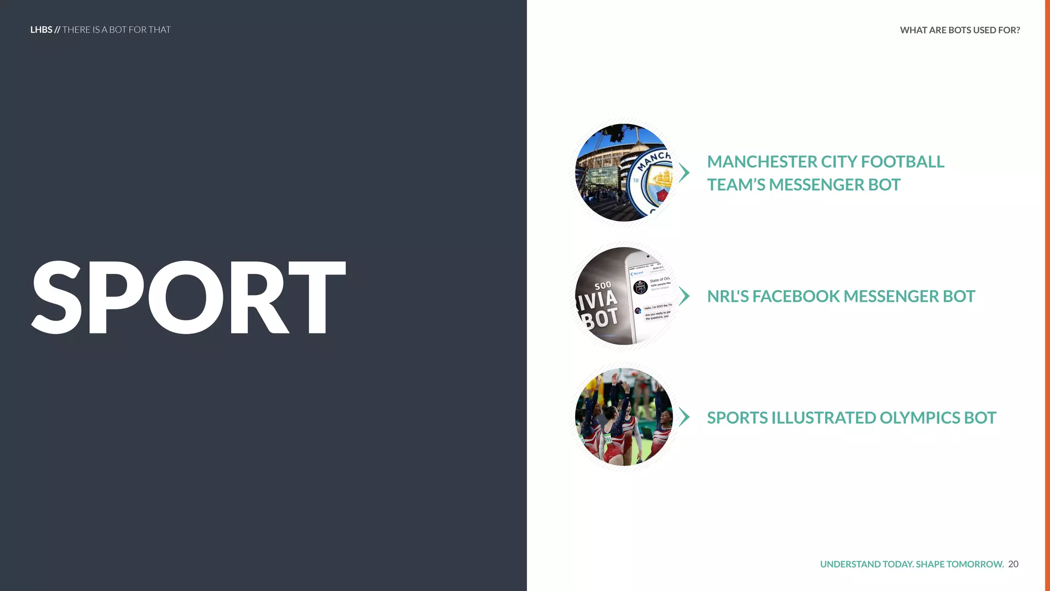 UNDERSTAND TODAY. SHAPE TOMORROW.
SPORT
20
MANCHESTER CITY FOOTBALL
TEAM’S MESSENGER BOT
NRL'S FACEBOOK MESSENGER BOT
SPORTS ILLUSTRATED OLYMPICS BOT
LHBS // THERE IS A BOT FOR THAT WHAT ARE BOTS USED FOR?
 