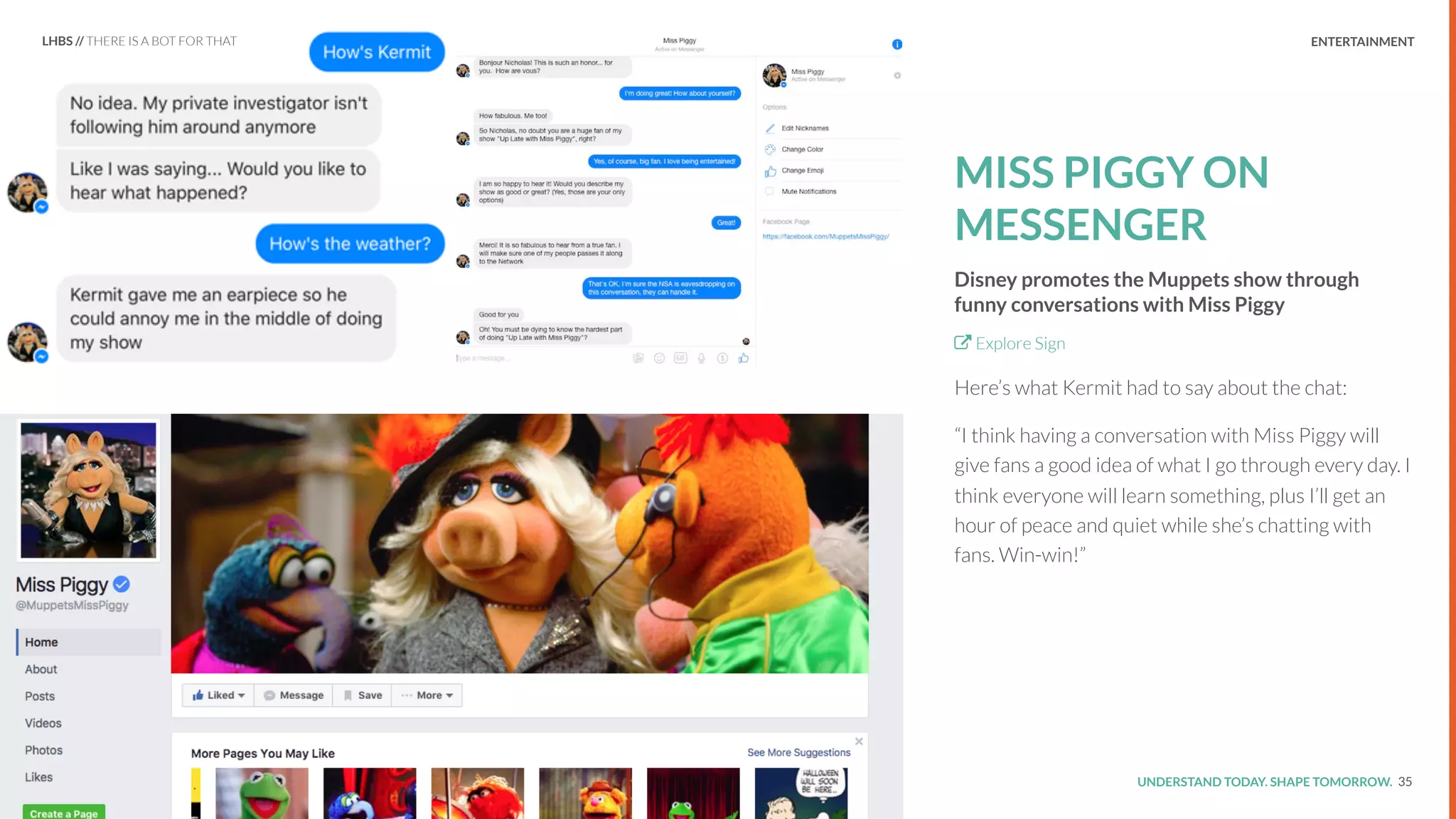 UNDERSTAND TODAY. SHAPE TOMORROW.Source:
MISS PIGGY ON
MESSENGER
Disney promotes the Muppets show through
funny conversations with Miss Piggy
Explore Sign
Here’s what Kermit had to say about the chat:
“I think having a conversation with Miss Piggy will
give fans a good idea of what I go through every day. I
think everyone will learn something, plus I’ll get an
hour of peace and quiet while she’s chatting with
fans. Win-win!”
35
LHBS // THERE IS A BOT FOR THAT ENTERTAINMENT
 