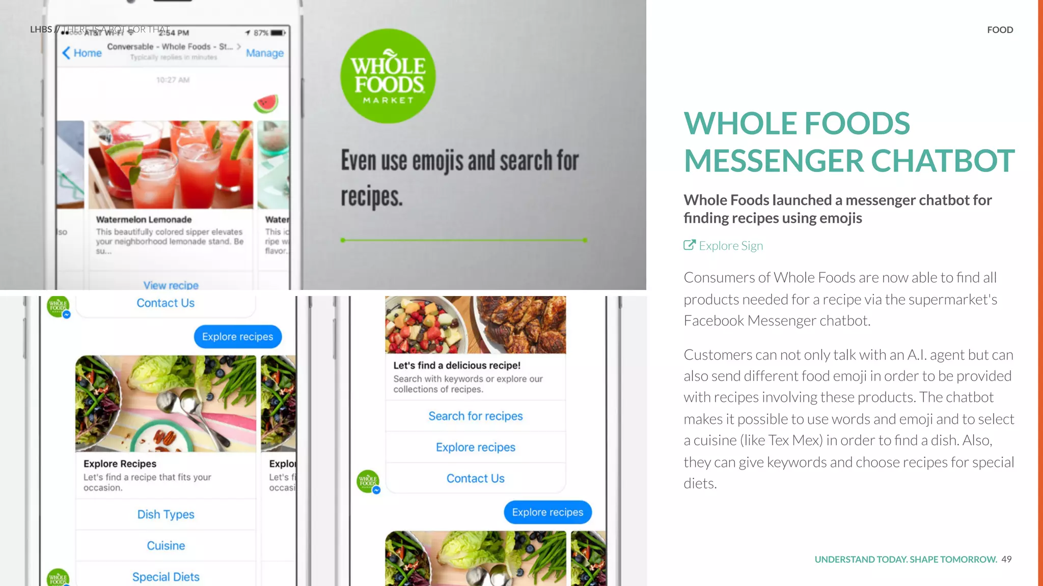 UNDERSTAND TODAY. SHAPE TOMORROW.Source:
FOOD
WHOLE FOODS
MESSENGER CHATBOT
Whole Foods launched a messenger chatbot for
ﬁnding recipes using emojis
Explore Sign
Consumers of Whole Foods are now able to ﬁnd all
products needed for a recipe via the supermarket's
Facebook Messenger chatbot.
Customers can not only talk with an A.I. agent but can
also send different food emoji in order to be provided
with recipes involving these products. The chatbot
makes it possible to use words and emoji and to select
a cuisine (like Tex Mex) in order to ﬁnd a dish. Also,
they can give keywords and choose recipes for special
diets.
49
LHBS // THERE IS A BOT FOR THAT
 