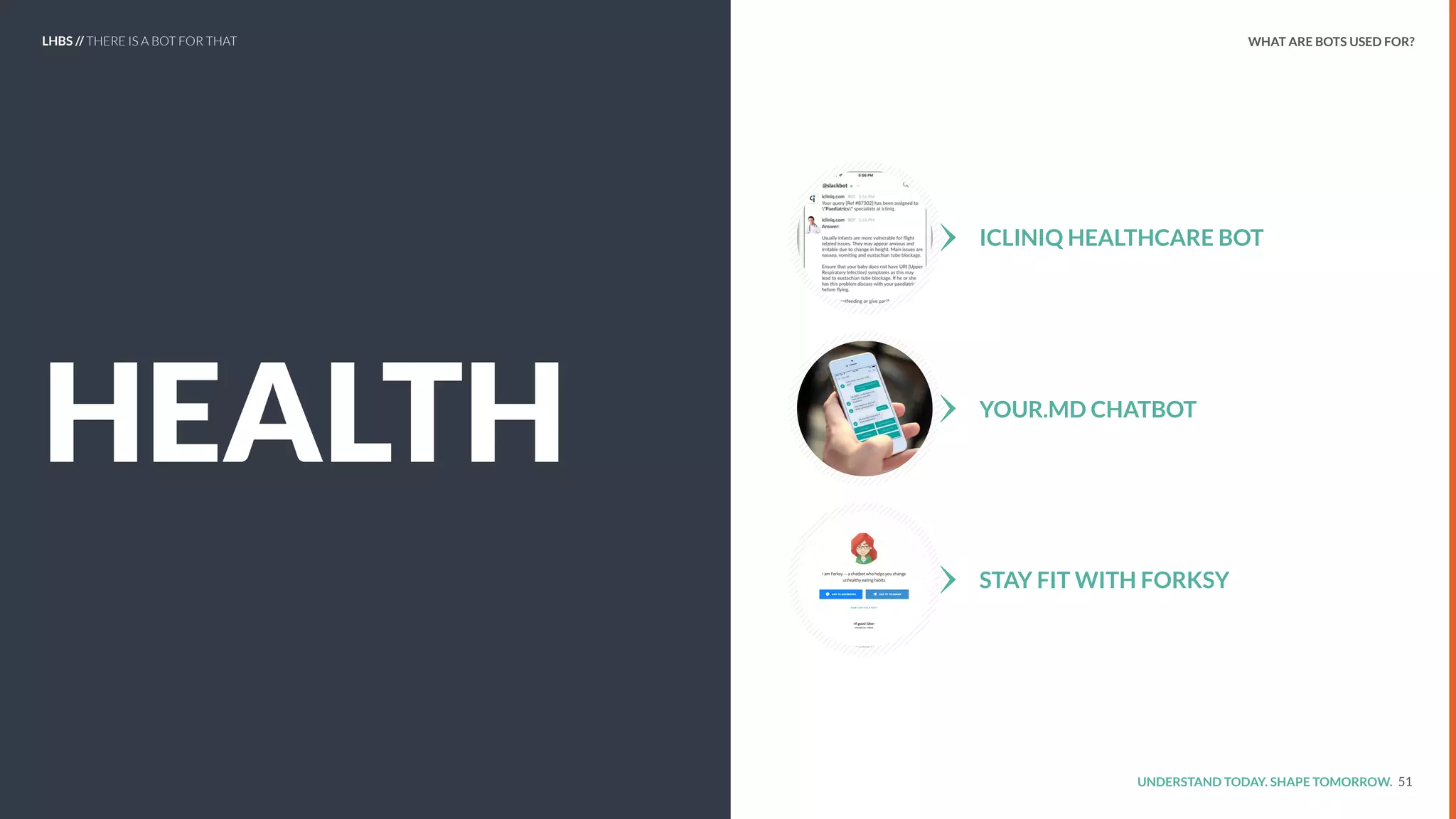 UNDERSTAND TODAY. SHAPE TOMORROW.
HEALTH
51
ICLINIQ HEALTHCARE BOT
YOUR.MD CHATBOT
STAY FIT WITH FORKSY
LHBS // THERE IS A BOT FOR THAT WHAT ARE BOTS USED FOR?
 