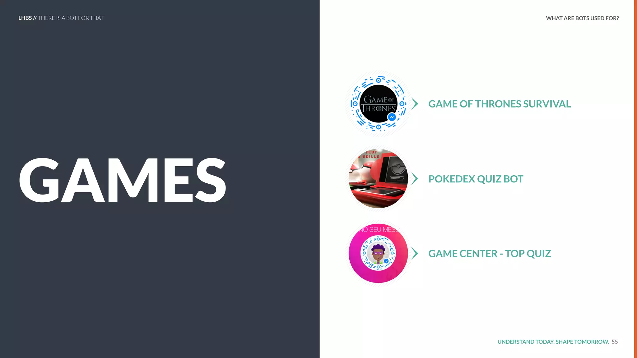 UNDERSTAND TODAY. SHAPE TOMORROW.
GAMES
55
GAME OF THRONES SURVIVAL
POKEDEX QUIZ BOT
GAME CENTER - TOP QUIZ
LHBS // THERE IS A BOT FOR THAT WHAT ARE BOTS USED FOR?
 