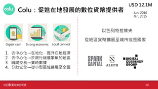 20
Colu：促進在地發展的數位貨幣提供者
USD 12.1M
Digital cash Strong economic Local connect
Jun, 2016
Jan, 2015
1. 去中心化→在地化，提升在地經濟
2. 去中心化→於銀行緩慢繁瑣的地區
3. 瞬間交易→實時數據
4. 分散安全→從小型區域擴展至全國
從地區貨幣擴展至城市或是國家
以色列特拉維夫
 