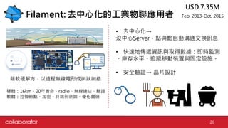 26
Filament: 去中心化的工業物聯應用者
USD 7.35M
Feb, 2013-Oct, 2015
• 去中心化→
沒中心Server，點與點自動溝通交換訊息
• 快速地傳遞資訊與取得數據：即時監測
、庫存水平、追蹤移動裝置與固定設施。
• 安全驗證→ 晶片設計
藉軟硬解方，以遠程無線電形成網狀網絡
硬體：16km、20年壽命、radio、無線連結、驗證
軟體：控管節點、加密、終端到終端、優化營運
 