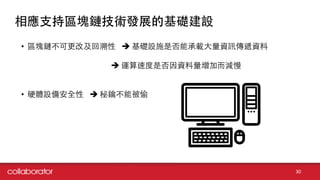 相應⽀支持區塊鏈技術發展的基礎建設
30
• 區塊鏈不可更改及回溯性 è 基礎設施是否能承載⼤大量資訊傳遞資料
è 運算速度是否因資料量增加⽽而減慢
• 硬體設備安全性 è 秘鑰不能被偷
 