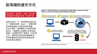 區塊鏈的運作⽅方式
7
啟動交易的⼀一⽅方，將想傳送的資訊加
⼊入⼀一個資訊區塊（block），接著這個
區塊會被網路上的幾百萬部電腦
(node)	
  驗證。通過驗證之後的區塊會
被加⼊入⼀一個網路上的鏈結 (也就是區
塊鏈)，這個動作除了會建⽴立⼀一份記錄
之外，還會有這份記錄的變動歷史，
所有電腦會同步更新這份變動紀錄，
也因此難以被竄改。 區塊鏈
區塊鏈是⼀一個系統：他讓⼀一群互聯
的電腦共同維護/記錄⼀一份事件簿
 