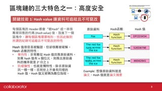 區塊鏈的三⼤大特⾊色之⼀一：⾼高度安全
8
關鍵技術 1: Hash	
  value 讓資料可追蹤且不可竄改
原始資料 Hash函數 Hash 值
Hash  值很容易被驗證，但卻很難被破解。
Hash  函數的特性：
• 單向性：⾮非常難從 Hash 值回推原始資料。
如果 hash 值有 n 個位元，則推出原始資
料的機率就是 2n	
  分之 1
• 抗碰撞性：也就是獨特性，除⾮非原始資
訊⼀一模⼀一樣，否則世上不會有同樣的
Hash	
  值。Hash 值⼜又被稱為數位指紋。
每個區塊的 Header	
  都會“被Hash”	
  成⼀一串很
難被回推的代碼 (Hash	
  value)	
  後，放進下⼀一個
區塊中，讓每個區塊環環相扣，也因此做到
所謂的紀錄可追蹤且不可竄改的特性
Example: 想像原始資料就是
論⽂文，Hash 值就是論⽂文摘要
 