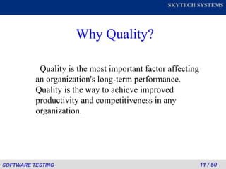 Why Quality? Quality is the most important factor affecting an organization's long-term performance.  Quality is the way to achieve improved productivity and competitiveness in any organization. 