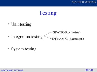 Testing Unit testing Integration testing System testing STATIC(Reviewing) DYNAMIC (Execution) 