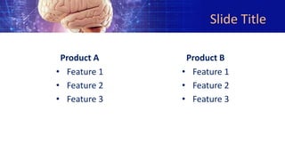Slide Title
Product A
• Feature 1
• Feature 2
• Feature 3
Product B
• Feature 1
• Feature 2
• Feature 3
 