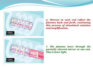 3- Mirrors at each end reflect the
photons back and forth, continuing
this process of stimulated emission
and amplification.
4- The photons leave through the
partially silvered mirror at one end.
This is laser light.
 