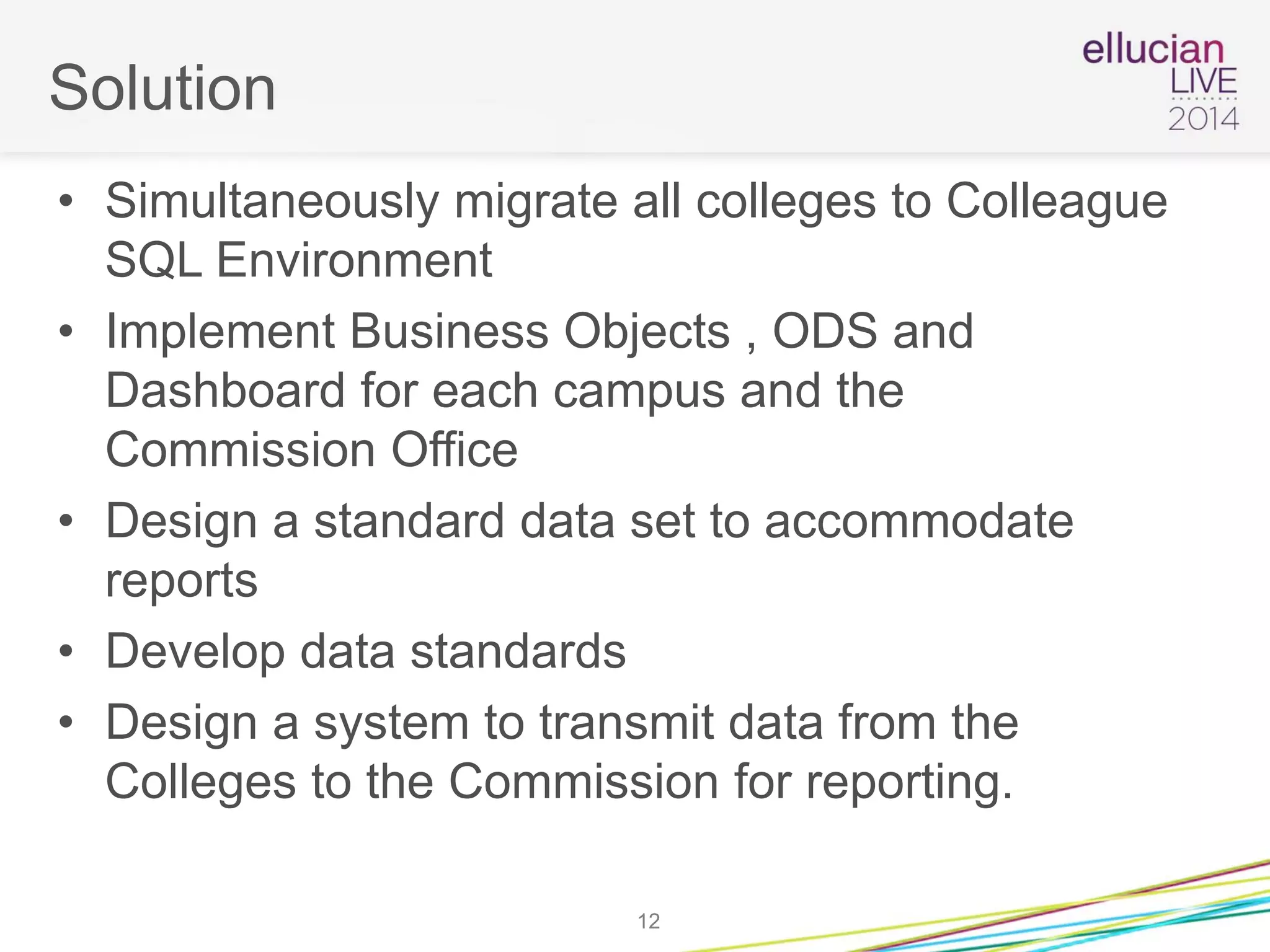 Solution
• Simultaneously migrate all colleges to Colleague
SQL Environment
• Implement Business Objects , ODS and
Dashboard for each campus and the
Commission Office
• Design a standard data set to accommodate
reports
• Develop data standards
• Design a system to transmit data from the
Colleges to the Commission for reporting.
12
 