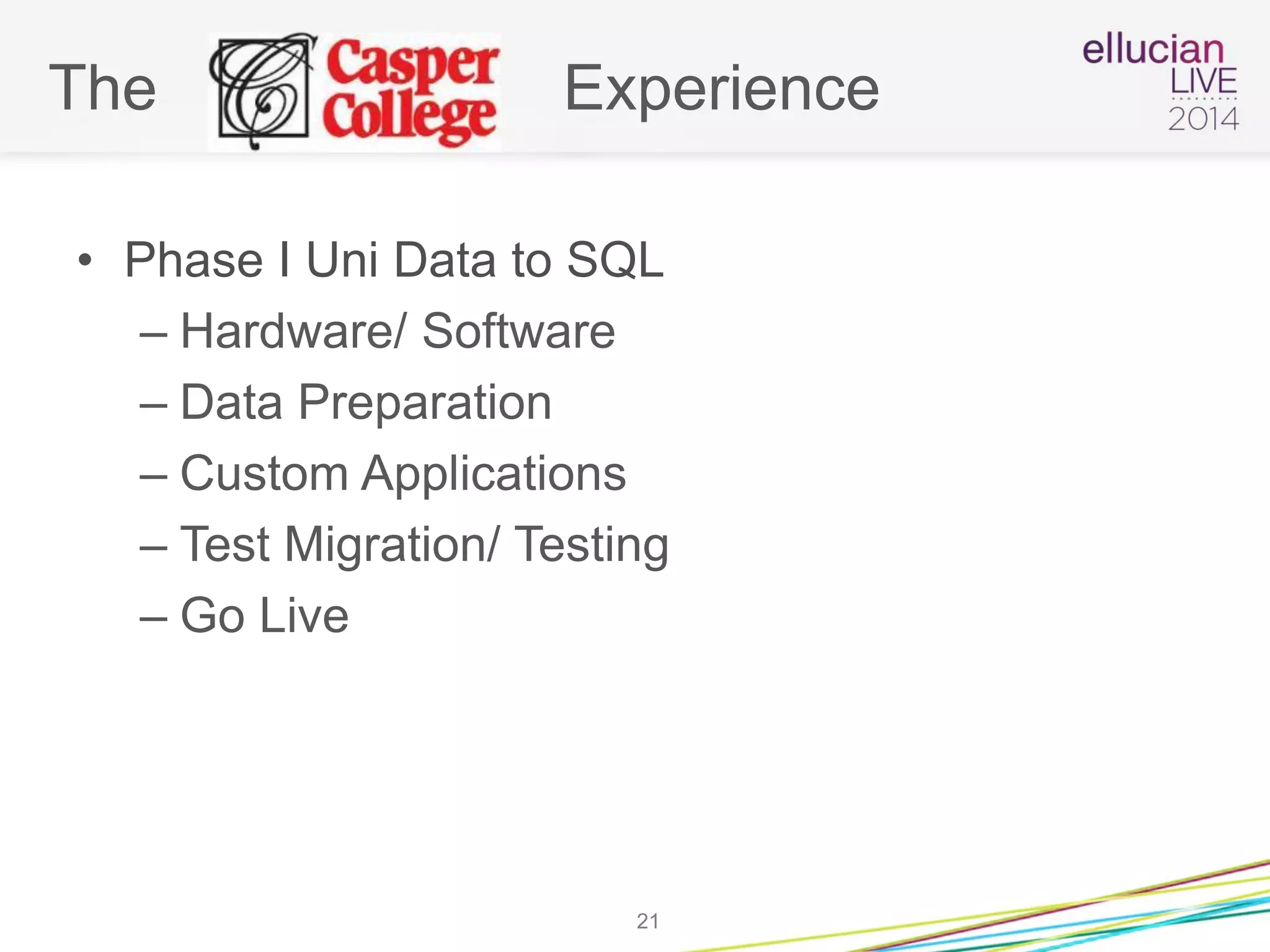 The Experience
• Phase I Uni Data to SQL
– Hardware/ Software
– Data Preparation
– Custom Applications
– Test Migration/ Testing
– Go Live
21
 
