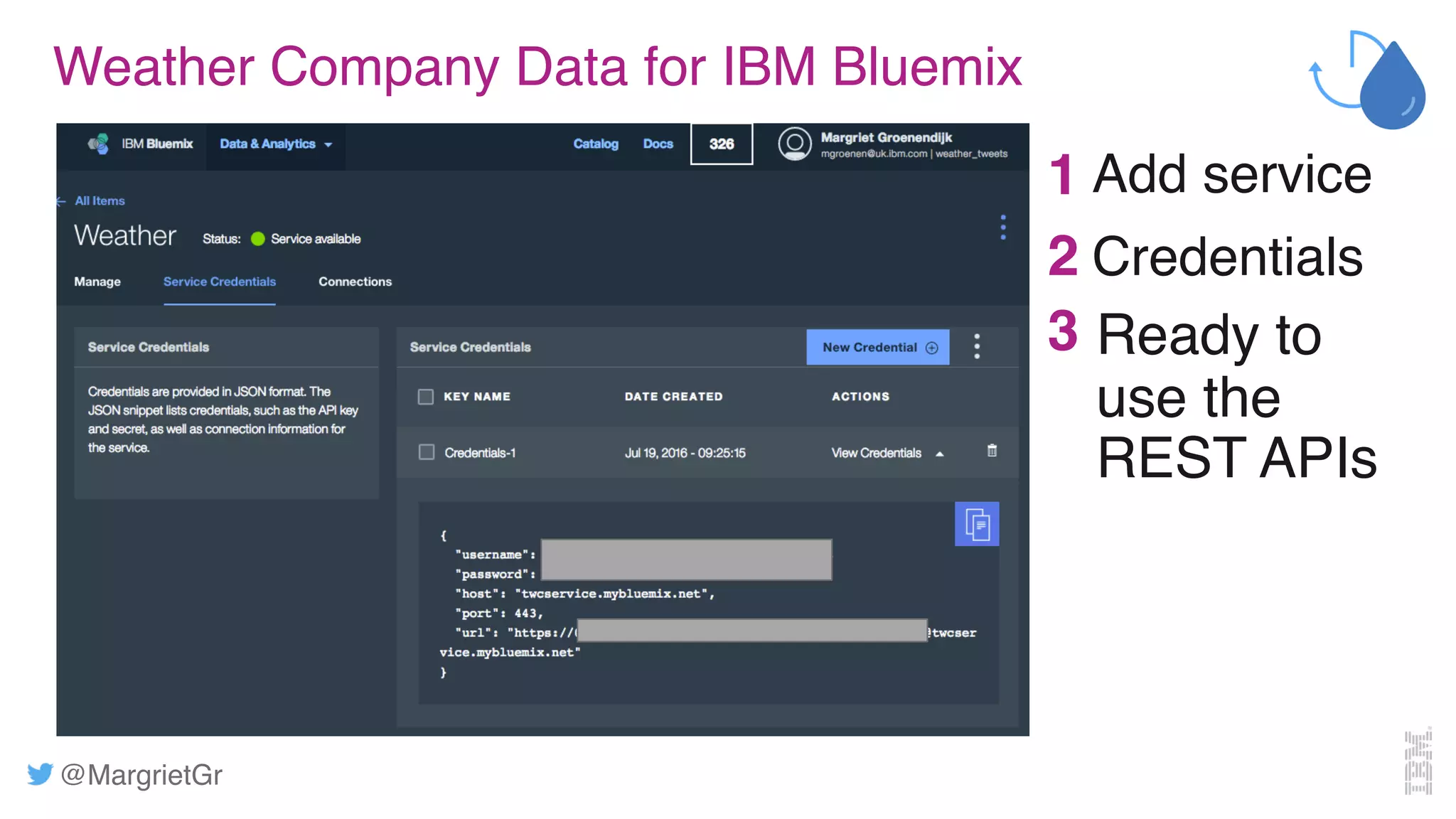 @MargrietGr
Weather Company Data for IBM Bluemix
2 Credentials
3 Ready to
use the
REST APIs
Add service1
 