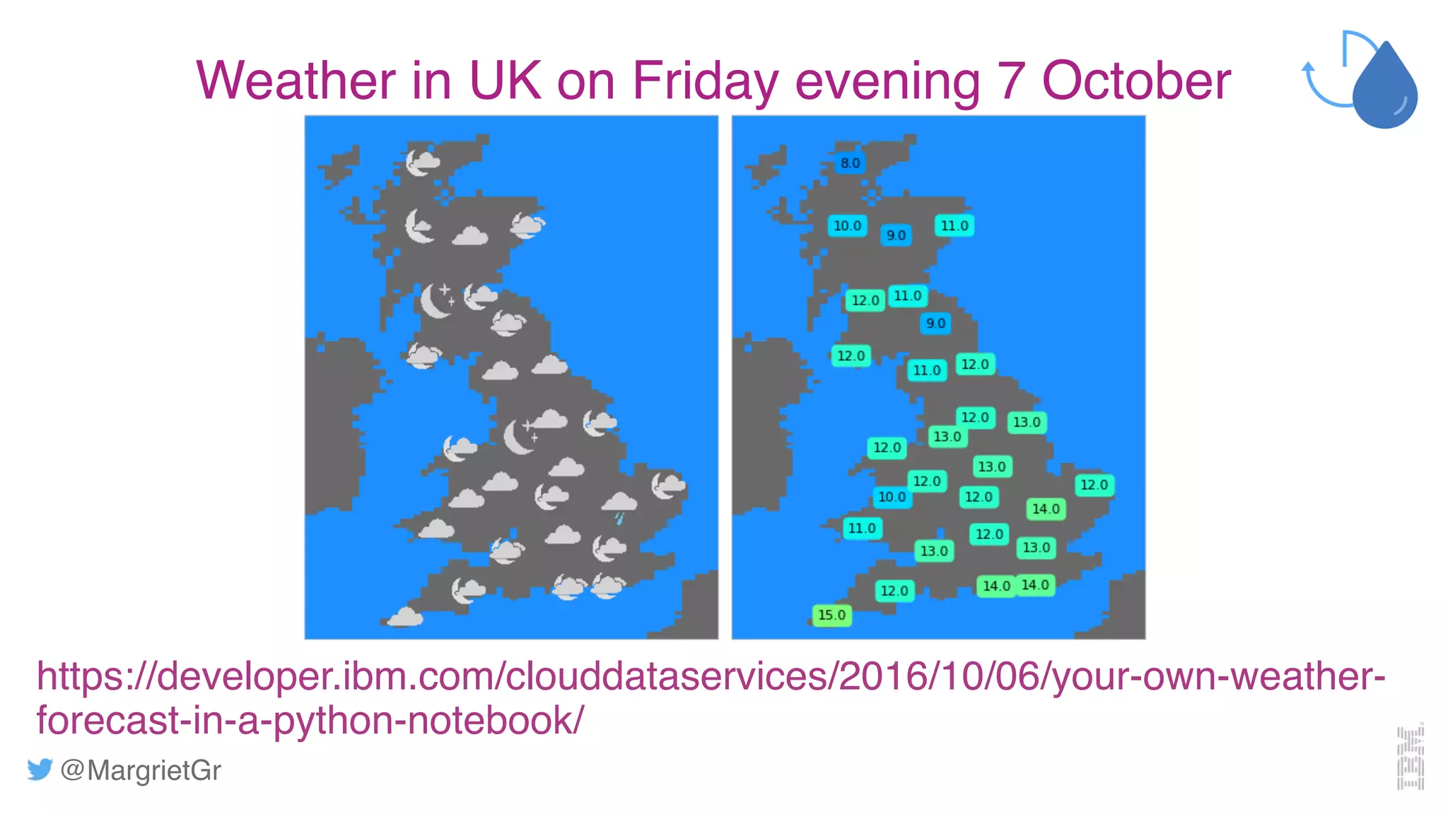 @MargrietGr
https://developer.ibm.com/clouddataservices/2016/10/06/your-own-weather-
forecast-in-a-python-notebook/
Weather in UK on Friday evening 7 October
 