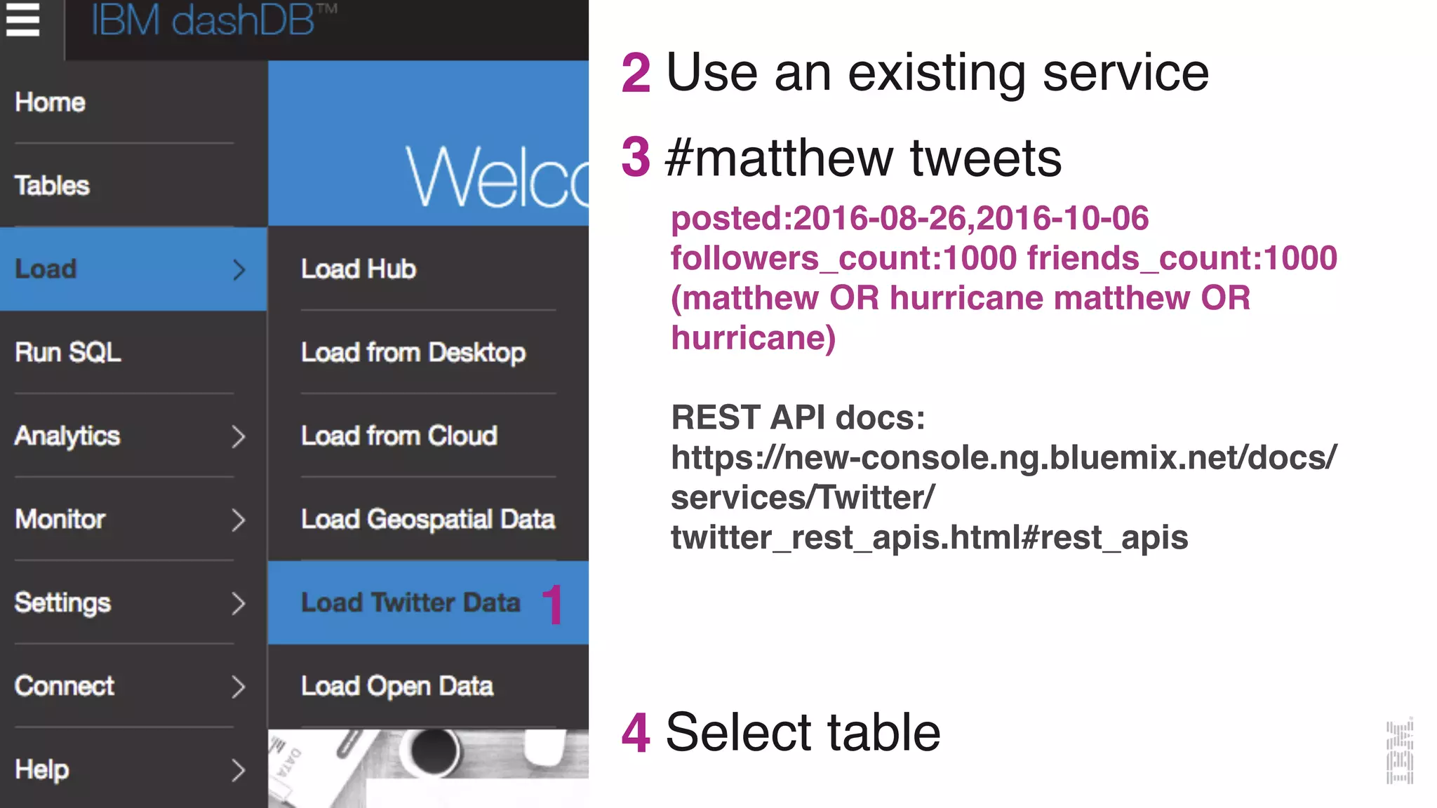 @MargrietGr
Use an existing service
3
1
2
posted:2016-08-26,2016-10-06
followers_count:1000 friends_count:1000
(matthew OR hurricane matthew OR
hurricane)
REST API docs:
https://new-console.ng.bluemix.net/docs/
services/Twitter/
twitter_rest_apis.html#rest_apis
#matthew tweets
4 Select table
 