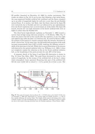 22 T. I. Gombosi et al.
III satellite (launched on December 13, 1962) by similar instruments. The
results are shown in Fig. 16. It can be seen that following a fast initial decay,
the near-equatorial Starﬁsh artiﬁcial belt stabilized and the ﬂuxes remained
up to an order of magnitude higher for well over a year than the pre-Starﬁsh
natural ﬂuxes. It is unclear, but likely, that the ﬂuxes observed by Injun III
were exclusively due to Starﬁsh and were not inﬂuenced by any replenishment
from the Soviet explosions that occurred about six weeks before The Injun III
launch, because the core high intensities of the Soviet artiﬁcial belts were at
higher L-values than the Starﬁsh belt.
The third Soviet high-altitude explosion on November 1, 1962 created a
narrow band of high energy electrons around L = 1.76 (Brown, 1966). Fig. 17
shows the peak in this belt at four epochs after the explosion, at one, four eight
and eighteen days after the blast, as a function of L. As noted by Brown (1966),
the position of the peak in L remains constant while the intensity decreases by
about a factor four. At the same time, the full-width half-maximum of the peak
increases monotonically from 0.037 to 0.052, implying the diﬀusion across L-
shells of the electrons in the belt. While this is a good illustration of the process
well observed in the natural radiation belts (e.g. Williams et al., 1968), it does
not completely explain the reduction in ﬂux in the Soviet artiﬁcial radiation
belt, as the broadening of the peak accounts for only 30% of the losses.
A summary sketch of the Injun I and Injun III observation is shown in
Fig. 18 (from Van Allen, 1964). The peak ﬂuxes decreased by close to two
orders of magnitude, by the erosion of the artiﬁcial belt at the low L values
where atmospheric losses operated. Removing that part of the artiﬁcial belt
left the more stable belt at about L = 1.3 to persist for at least a year. The
Fig. 17 The peak of energetic electron ﬂuxes (E > 1.9 MeV) due to the third U.S.S.R. test
on November 1, 1962 were distributed in a narrow range of L-shells around L = 1.765 at
four epochs following the nuclear blast. The height of the peak is decreasing with a time
constant of days. It is also broadening, due to cross-L diﬀusion. The ﬂuxes at lower L-values
are due to the slowly decaying electrons from the Starﬁsh explosion. (From Brown, 1966)
 