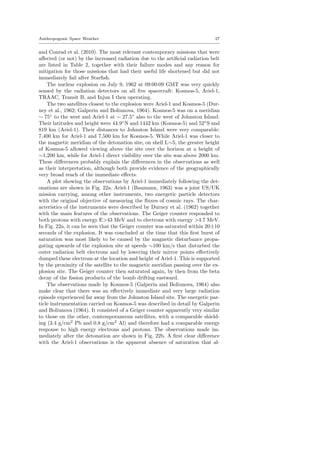 Anthropogenic Space Weather 27
and Conrad et al. (2010). The most relevant contemporary missions that were
aﬀected (or not) by the increased radiation due to the artiﬁcial radiation belt
are listed in Table 2, together with their failure modes and any reason for
mitigation for those missions that had their useful life shortened but did not
immediately fail after Starﬁsh.
The nuclear explosion on July 9, 1962 at 09:00:09 GMT was very quickly
sensed by the radiation detectors on all ﬁve spacecraft: Kosmos-5, Ariel-1,
TRAAC, Transit B, and Injun I then operating.
The two satellites closest to the explosion were Ariel-1 and Kosmos-5 (Dur-
ney et al., 1962; Galperin and Boliunova, 1964). Kosmos-5 was on a meridian
∼ 75◦
to the west and Ariel-1 at ∼ 27.5◦
also to the west of Johnston Island.
Their latitudes and height were 44.9◦
N and 1442 km (Kosmos-5) and 52◦
S and
819 km (Ariel-1). Their distances to Johnston Island were very comparable:
7,400 km for Ariel-1 and 7,500 km for Kosmos-5. While Ariel-1 was closer to
the magnetic meridian of the detonation site, on shell L∼5, the greater height
of Kosmos-5 allowed viewing above the site over the horizon at a height of
∼1,200 km, while for Ariel-1 direct visibility over the site was above 2000 km.
These diﬀerences probably explain the diﬀerences in the observations as well
as their interpretation, although both provide evidence of the geographically
very broad reach of the immediate eﬀects.
A plot showing the observations by Ariel-1 immediately following the det-
onations are shown in Fig. 22a. Ariel-1 (Baumann, 1963) was a joint US/UK
mission carrying, among other instruments, two energetic particle detectors
with the original objective of measuring the ﬂuxes of cosmic rays. The char-
acteristics of the instruments were described by Durney et al. (1962) together
with the main features of the observations. The Geiger counter responded to
both protons with energy E>43 MeV and to electrons with energy >4.7 MeV.
In Fig. 22a, it can be seen that the Geiger counter was saturated within 20±10
seconds of the explosion. It was concluded at the time that this ﬁrst burst of
saturation was most likely to be caused by the magnetic disturbance propa-
gating upwards of the explosion site at speeds ∼100 km/s that disturbed the
outer radiation belt electrons and by lowering their mirror points eﬀectively
dumped these electrons at the location and height of Ariel-1. This is supported
by the proximity of the satellite to the magnetic meridian passing over the ex-
plosion site. The Geiger counter then saturated again, by then from the beta
decay of the ﬁssion products of the bomb drifting eastward.
The observations made by Kosmos-5 (Galperin and Boliunova, 1964) also
make clear that there was an eﬀectively immediate and very large radiation
episode experienced far away from the Johnston Island site. The energetic par-
ticle instrumentation carried on Kosmos-5 was described in detail by Galperin
and Boliunova (1964). It consisted of a Geiger counter apparently very similar
to those on the other, contemporaneous satellites, with a comparable shield-
ing (3.4 g/cm2
Pb and 0.8 g/cm2
Al) and therefore had a comparable energy
response to high energy electrons and protons. The observations made im-
mediately after the detonation are shown in Fig. 22b. A ﬁrst clear diﬀerence
with the Ariel-1 observations is the apparent absence of saturation that al-
 