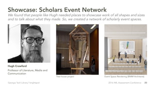20Georgia Tech Library | brightspot 2016 ARL Assessment Conference
Tree house project Event Space Rendering (BNIM Architects)
Showcase: Scholars Event Network
We found that people like Hugh needed places to showcase work of all shapes and sizes
and to talk about what they made. So, we created a network of scholarly event spaces.
Professor of Literature, Media and
Communication
Hugh Crawford
 