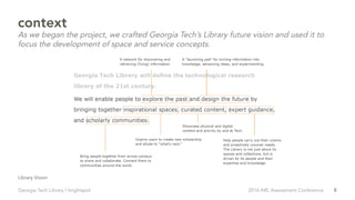 5Georgia Tech Library | brightspot 2016 ARL Assessment Conference
Library Vision
context
As we began the project, we crafted Georgia Tech’s Library future vision and used it to
focus the development of space and service concepts.
 