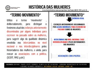 A L U N O S : D A Y A N E T H A Y S L E I T E S O A R E S , E L M I S E L I D E O L I V E I R A , J A N A I N A R O D R I G U E S D E O L I V E I R A ,
L I D I A N E Á L V A R E S M E N D E S E R I C A R D O J U L I O J A T A H Y L A U B J R .
Utilizo o termo “movimento” ,
deliberadamente, para distinguir o
fenômeno atual dos esforços anteriormente
disseminados por alguns indivíduos para
escrever no passado sobre as mulheres,
para sugerir algo da qualidade dinâmica
envolvida nos intercâmbios no nível
nacional e nos interdisciplinares pelos
historiadores das mulheres, e ainda, para
evocar as associações com a política.
(SCOTT, 1992. p.64.)
“TERMO MOVIMENTO” “TERMO MOVIMENTO”
ESFORÇOS ANTERIORMENTE DISSEMINADOS
POR ALGUNS INDIVÍDUOS PARA ESCREVER NO
PASSADO SOBRE AS MULHERES
INTERCÂMBIOS NO NÍVEL NACIONAL E NOS
INTERDISCIPLINARES PELOS HISTORIADORES
DAS MULHERES
ASSOCIAÇÕES COM A POLÍTICA
FENÔMENO ATUAL
HISTÓRICA DAS MULHERESA escritada história:novas perspectivas. São Paulo:UNESP, 1992.p.63-74.
 