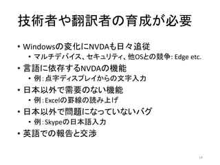 gߤ䷭UߤɤҪ
? WindowsΉ仯NVDAա׷
? ޥǥХƥOSȤθ: Edge etc.
? Z椹NVDAΙC
? ֥ǥץ쥤
? ձҪΤʤC
? ExcelLiϤ
? ձǆ}ˤʤäƤʤХ
? SkypeձZ
? ӢZǤΈȽh
14
 