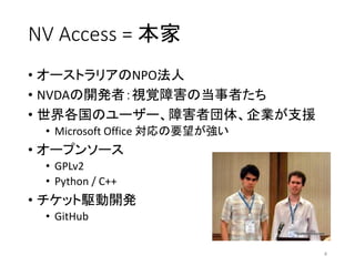 NV Access = 
? `ȥꥢNPO
? NVDA_kߣҕҙϺεߤ
? Υ``Ϻ߇塢I֧Ԯ
? Microsoft Office Ҫ
? `ץ󥽩`
? GPLv2
? Python / C++
? ål_k
? GitHub
4
 