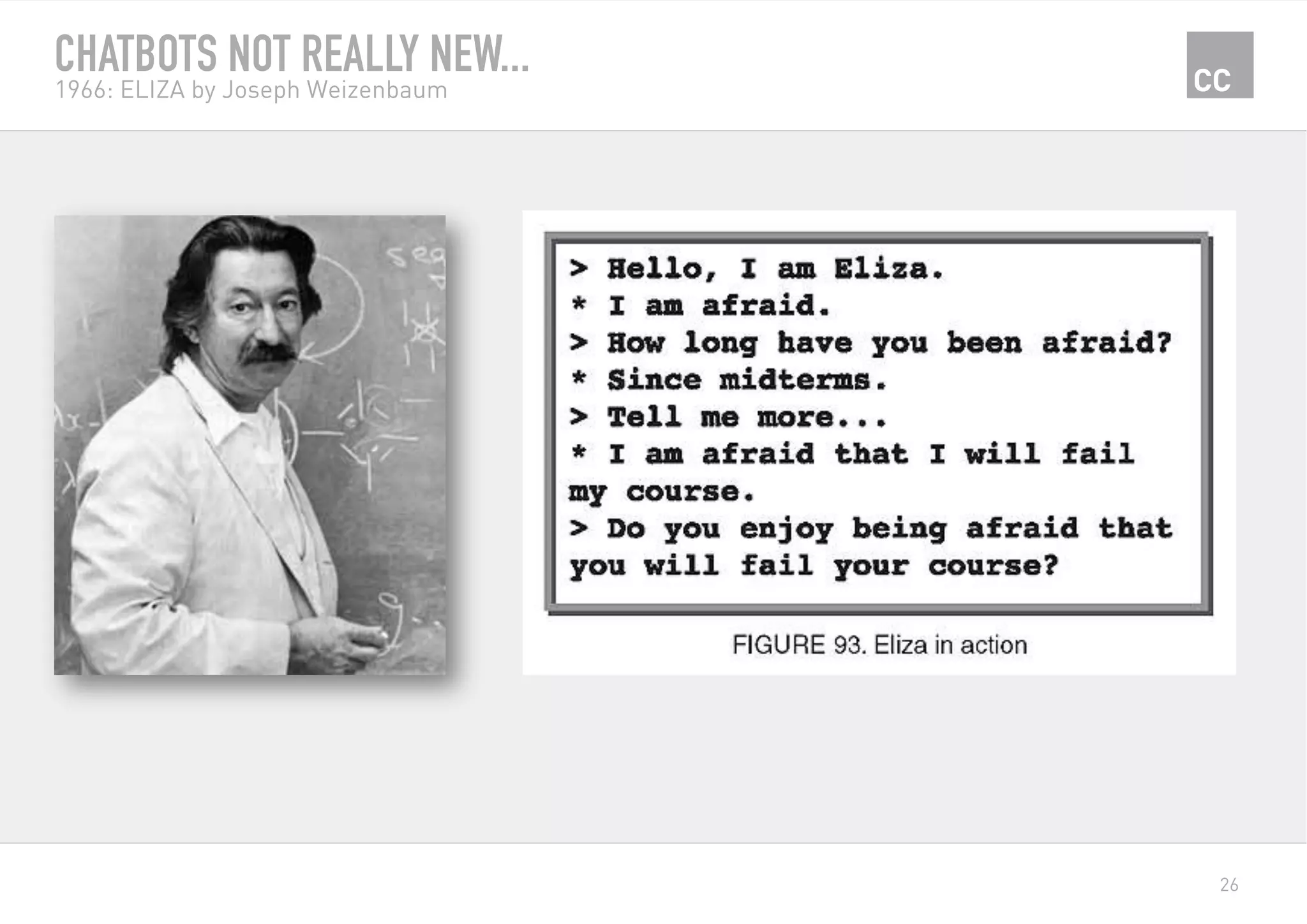 26
CHATBOTS NOT REALLY NEW...
1966: ELIZA by Joseph Weizenbaum
 