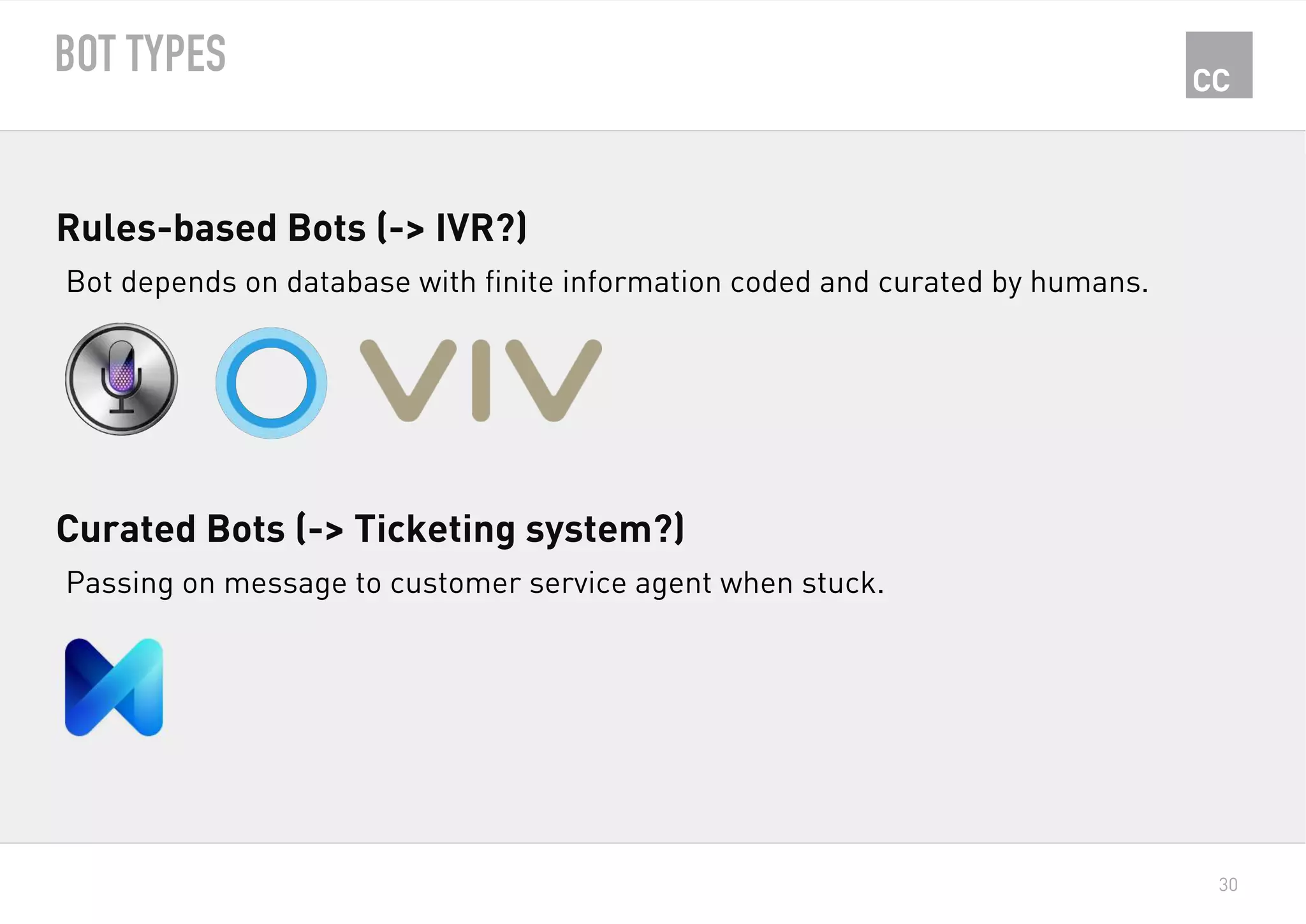 30
BOT TYPES
Bot depends on database with finite information coded and curated by humans.
Rules-based Bots (-> IVR?)
Passing on message to customer service agent when stuck.
Curated Bots (-> Ticketing system?)
 