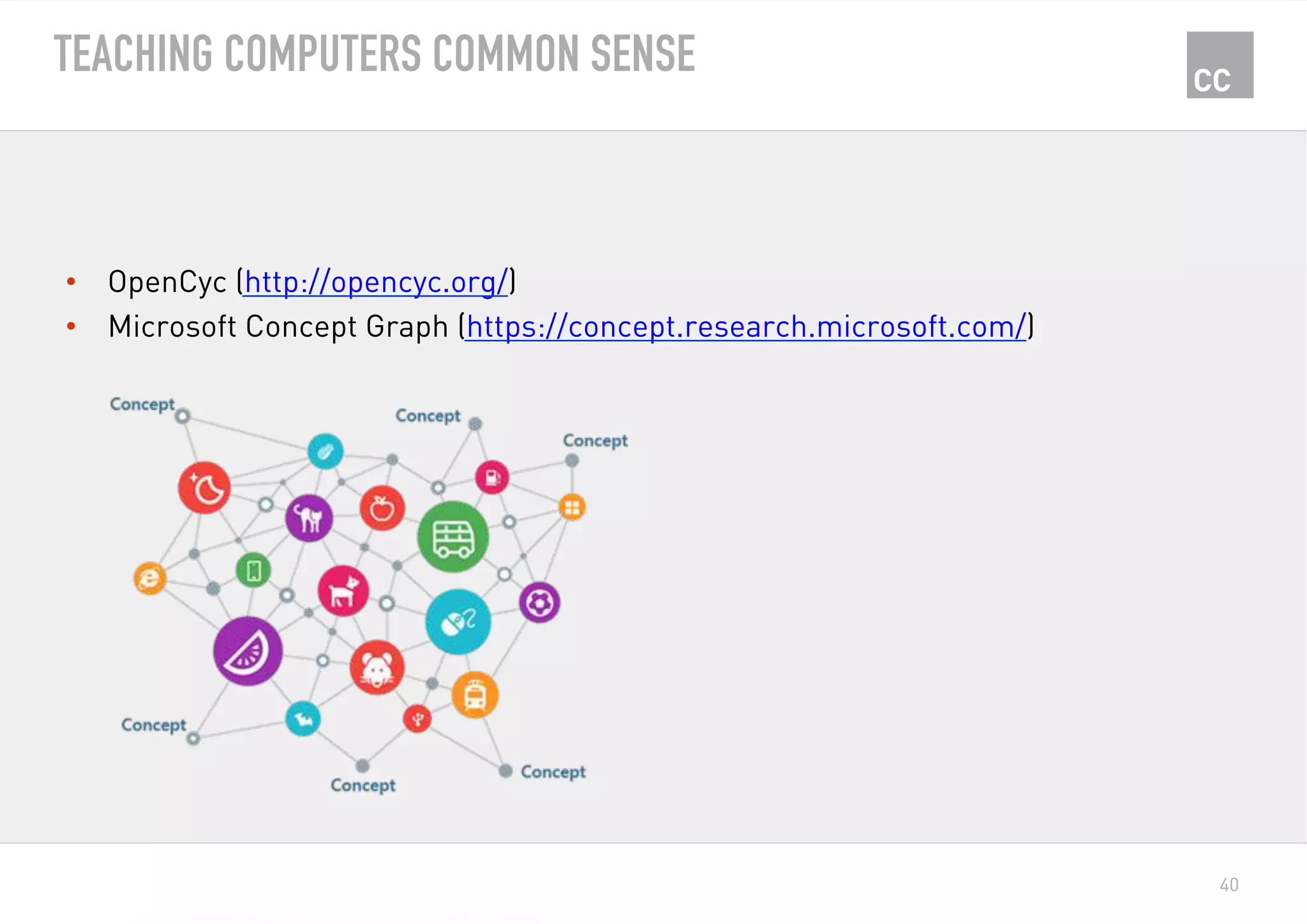 40
TEACHING COMPUTERS COMMON SENSE
•  OpenCyc (http://opencyc.org/)
•  Microsoft Concept Graph (https://concept.research.microsoft.com/)
 