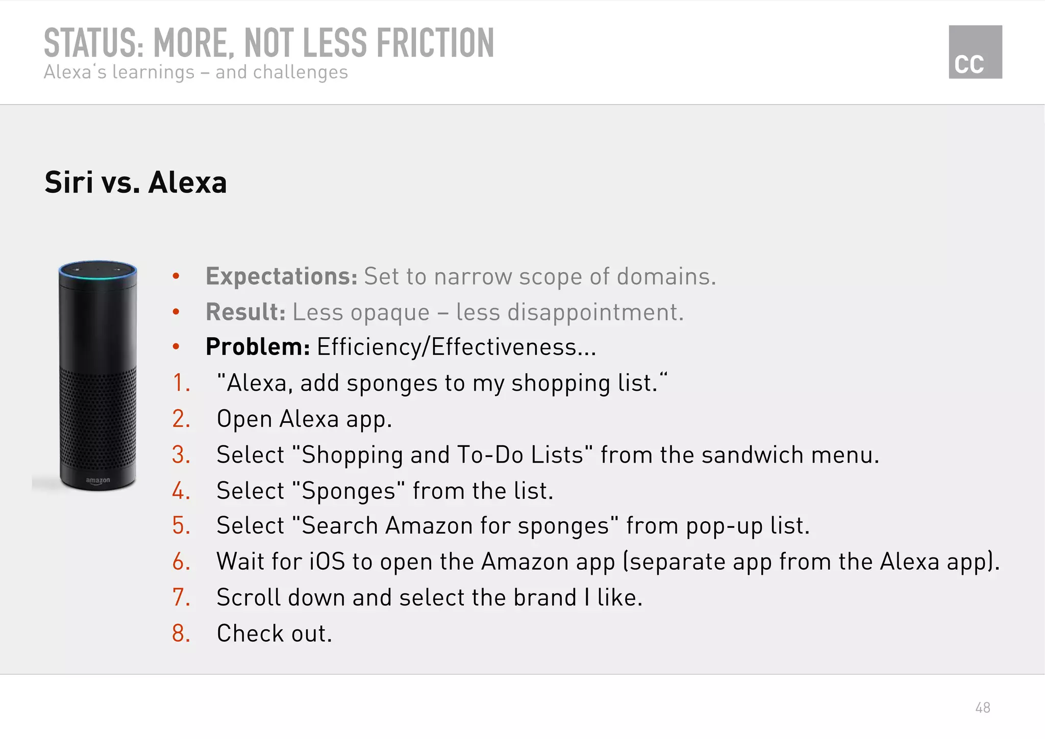 48
STATUS: MORE, NOT LESS FRICTION
Alexa‘s learnings – and challenges
•  Expectations: Set to narrow scope of domains.
•  Result: Less opaque – less disappointment.
•  Problem: Efficiency/Effectiveness...
1.  "Alexa, add sponges to my shopping list.“
2.  Open Alexa app.
3.  Select "Shopping and To-Do Lists" from the sandwich menu.
4.  Select "Sponges" from the list.
5.  Select "Search Amazon for sponges" from pop-up list.
6.  Wait for iOS to open the Amazon app (separate app from the Alexa app).
7.  Scroll down and select the brand I like.
8.  Check out.
Siri vs. Alexa
 