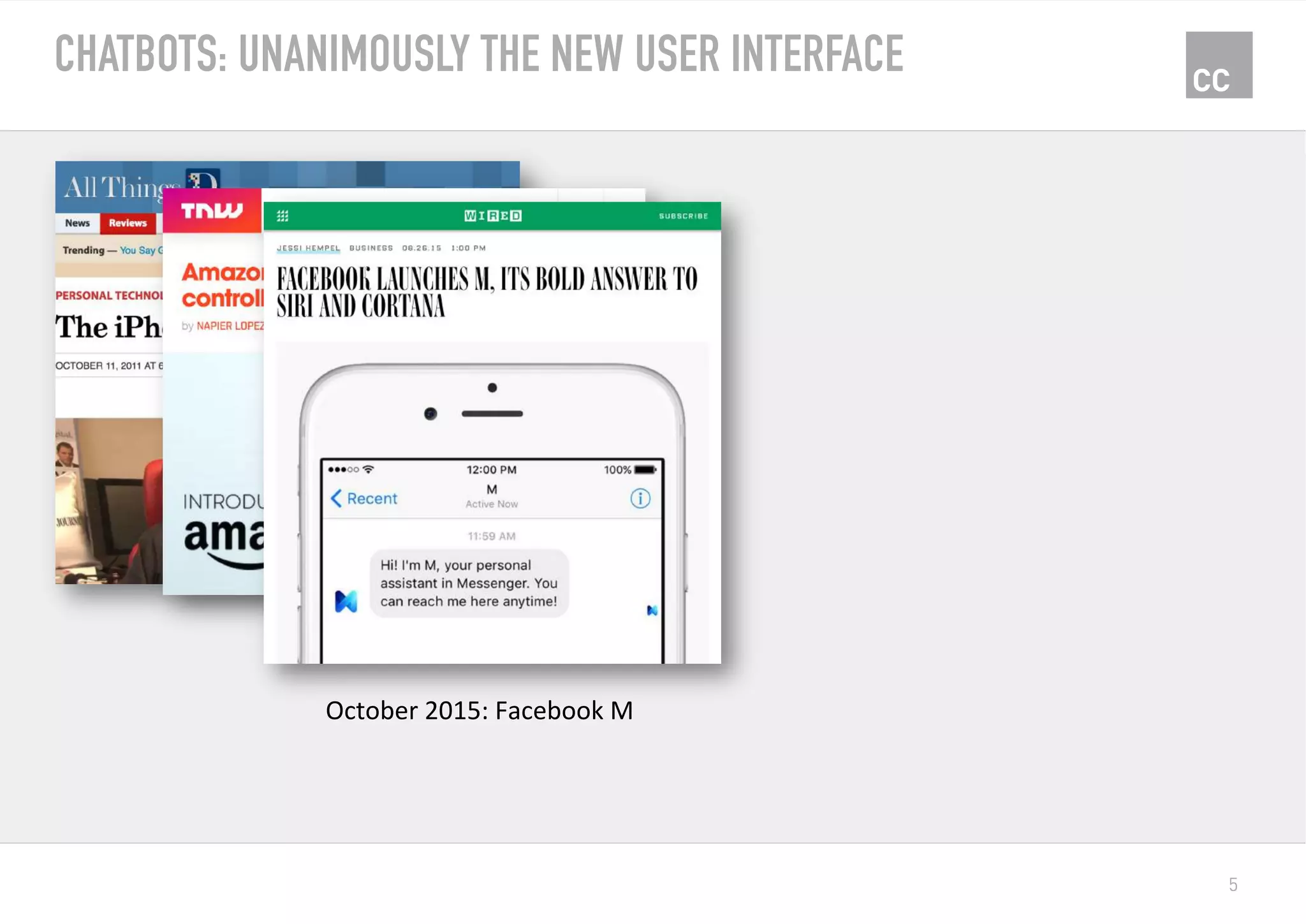 5
CHATBOTS: UNANIMOUSLY THE NEW USER INTERFACE
October	2015:	Facebook	M	
 