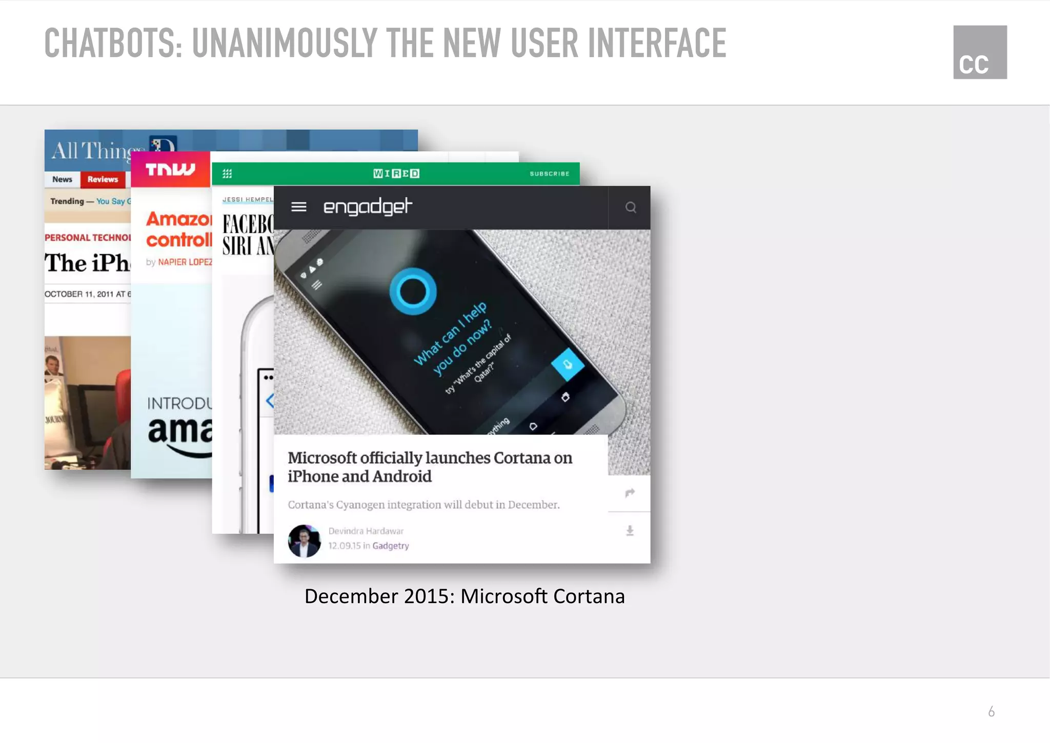 6
CHATBOTS: UNANIMOUSLY THE NEW USER INTERFACE
December	2015:	Microso?	Cortana	
 