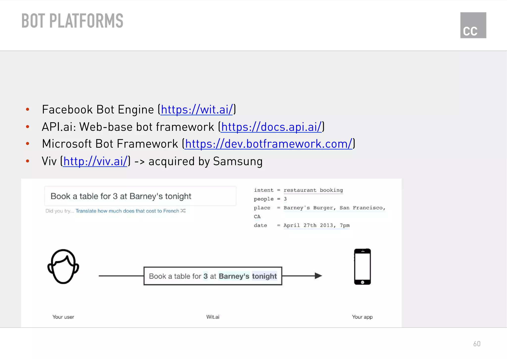 60
BOT PLATFORMS
•  Facebook Bot Engine (https://wit.ai/)
•  API.ai: Web-base bot framework (https://docs.api.ai/)
•  Microsoft Bot Framework (https://dev.botframework.com/)
•  Viv (http://viv.ai/) -> acquired by Samsung
 